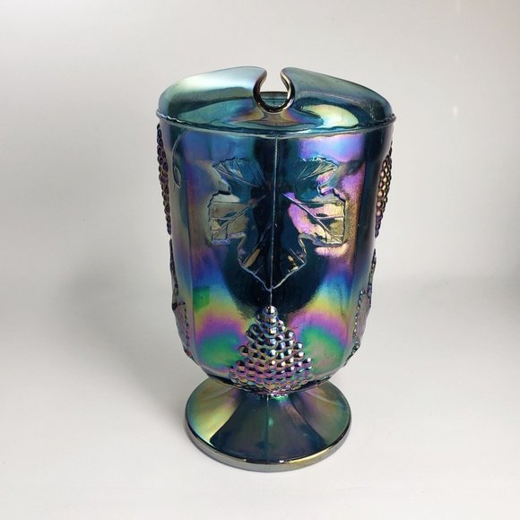 VTG Iridescent Electric Blue Purple Carnival Glass Pitcher Grape & Leaf Pattern - Picture 5 of 9